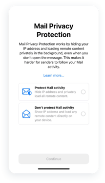 Pop-up iOS 15 users see to enable Mail privacy protections